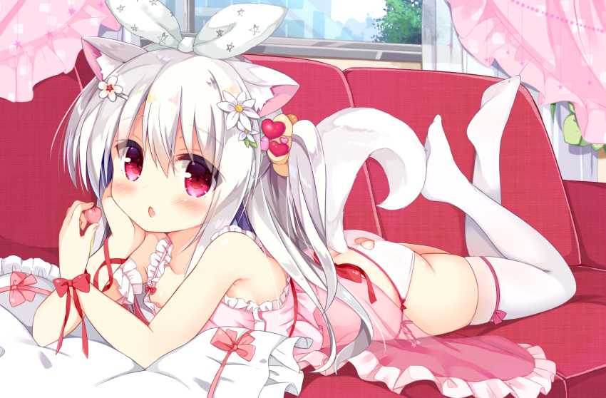 1girl animal_ear_fluff animal_ears ass babydoll bare_shoulders blush bow collarbone commentary_request couch curtains day dog_ears dog_girl dog_tail fang fingernails flower hair_flower hair_ornament hair_ribbon hairclip heart heart_hair_ornament holding holding_heart indoors koinu-chan kujou_danbo legs_up looking_at_viewer lying no_shoes on_couch on_stomach original panties parted_lips pink_babydoll red_bow red_ribbon ribbon soles solo tail thigh-highs underwear underwear_only white_flower white_legwear white_panties white_ribbon window