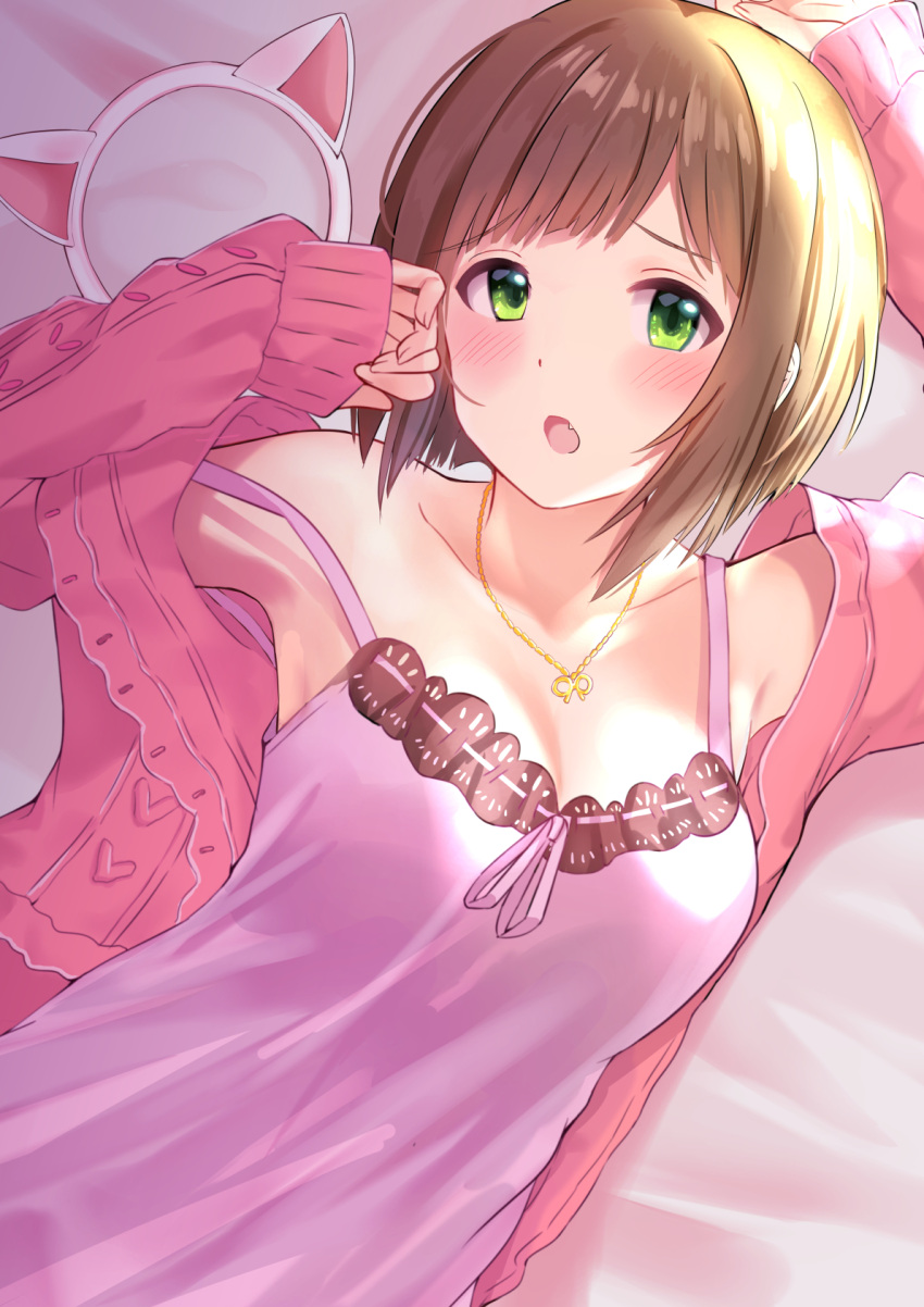 1girl :o animal_ears arm_up armpits bare_shoulders bed_sheet blush breasts brown_hair cat_ears cleavage collarbone dress fake_animal_ears fang green_eyes hairband hairband_removed hand_up highres idolmaster idolmaster_cinderella_girls jacket jewelry koukoku light long_sleeves looking_at_viewer lying maekawa_miku medium_breasts necklace on_back open_clothes open_jacket open_mouth pink_dress pink_jacket short_hair sidelocks sleeveless sleeveless_dress sleeves_past_wrists solo spaghetti_strap upper_body