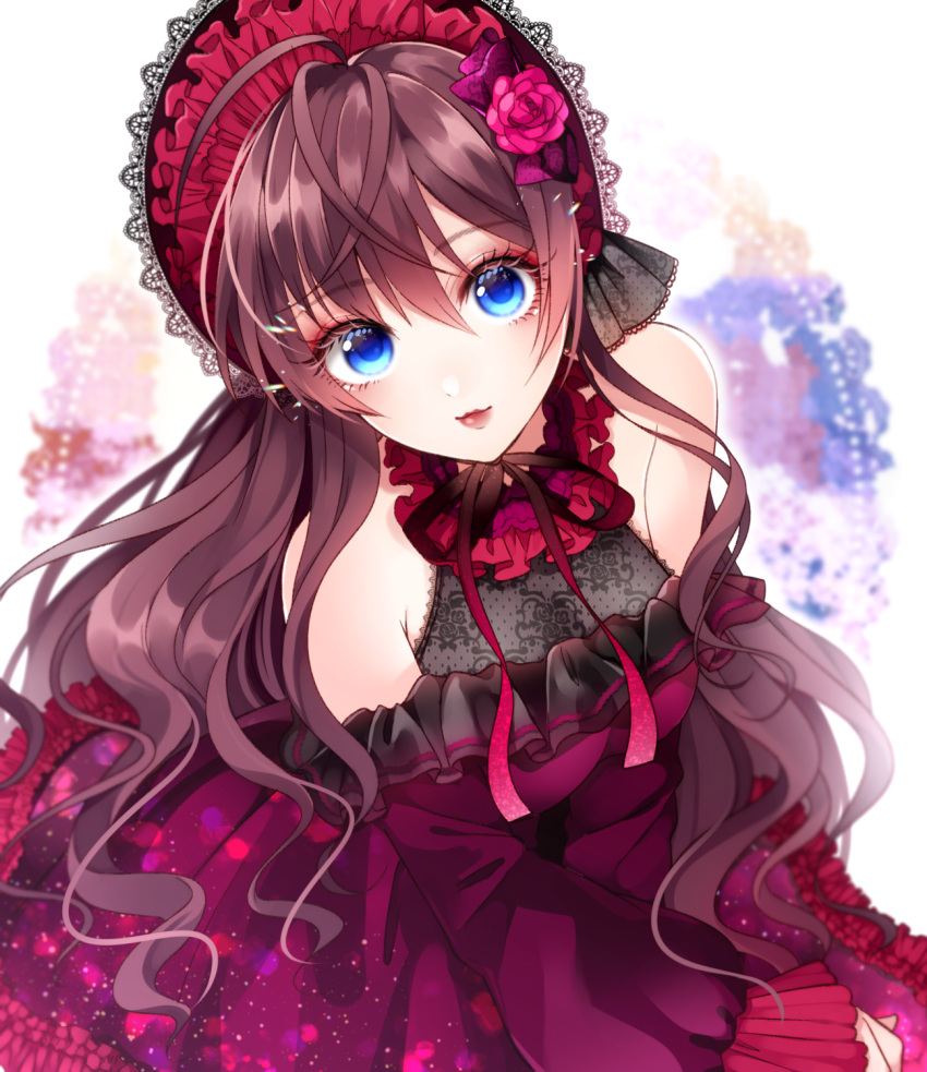 1girl ahoge bare_shoulders blue_eyes blurry bow breasts brown_hair closed_mouth commentary_request depth_of_field dress eyelashes flower frilled_sleeves frills from_above hair_between_eyes hair_bow hair_flower hair_ornament headdress highres ichinose_shiki idolmaster idolmaster_cinderella_girls lace_trim light_particles lipstick long_hair long_sleeves looking_at_viewer makeup medium_breasts pink_flower purple_dress rose sidelocks sleeves_past_wrists solo standing wakatsuki_you wavy_hair white_background