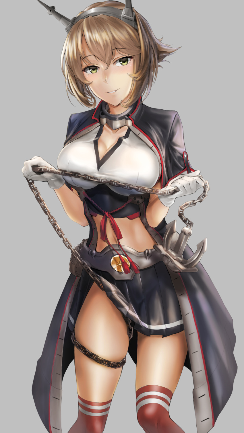 1girl anchor bangs black_skirt breasts brown_hair capelet chains coat flipped_hair gloves green_eyes grey_background grin headband headgear highres holding_chain kantai_collection kneehighs kokuzoo large_breasts mutsu_(kantai_collection) pleated_skirt red_legwear remodel_(kantai_collection) short_hair sidelocks simple_background skindentation skirt skirt_lift smile smokestack solo thigh-highs thighs white_gloves