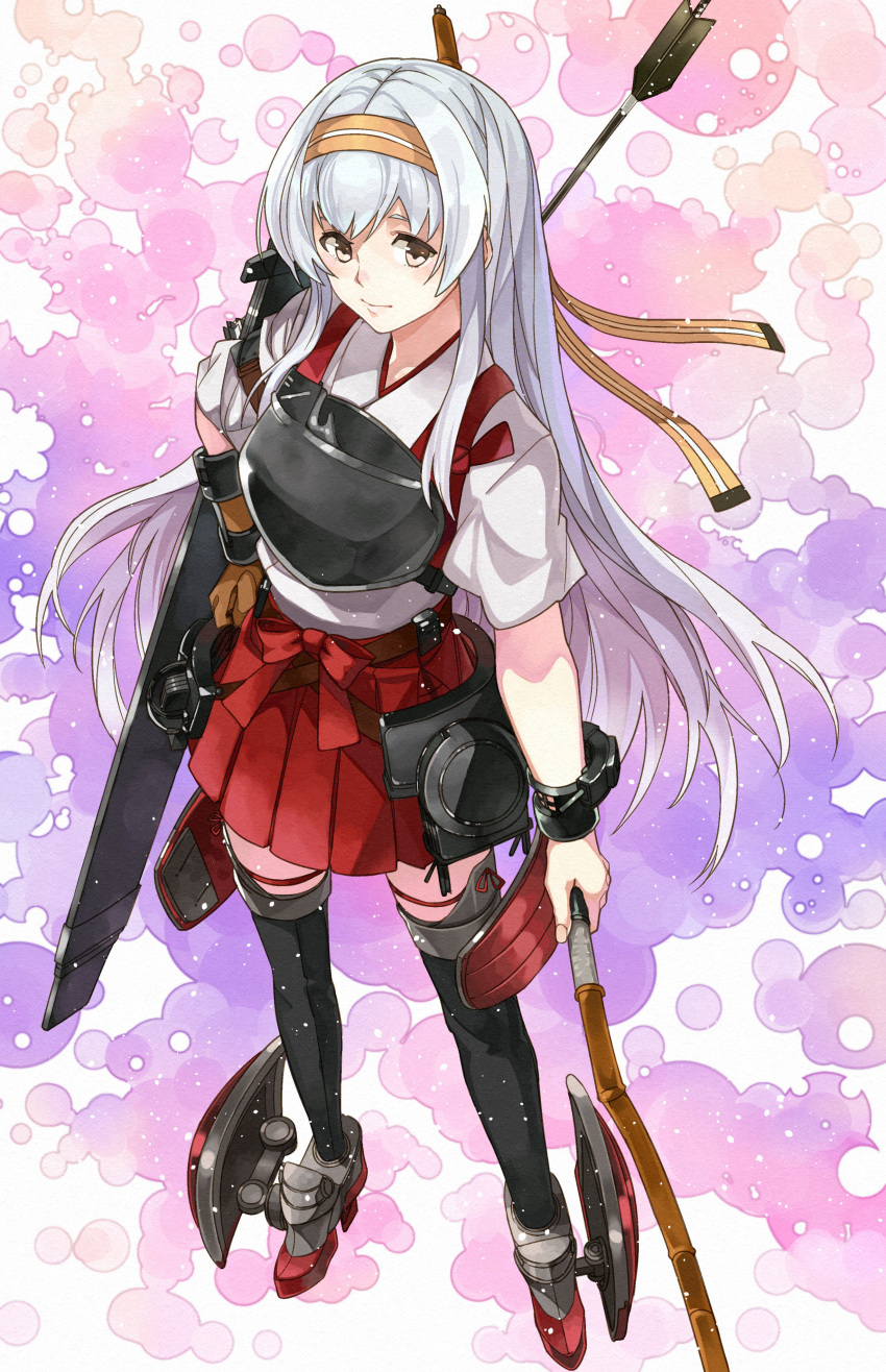 1girl absurdres boots bow_(weapon) brown_eyes flight_deck full_body gloves hakama_skirt headband highres japanese_clothes kanmiya_shinobu kantai_collection long_hair looking_at_viewer muneate partly_fingerless_gloves pleated_skirt red_skirt remodel_(kantai_collection) shoukaku_(kantai_collection) silver_hair skirt solo standing tasuki thigh-highs thigh_boots weapon yugake