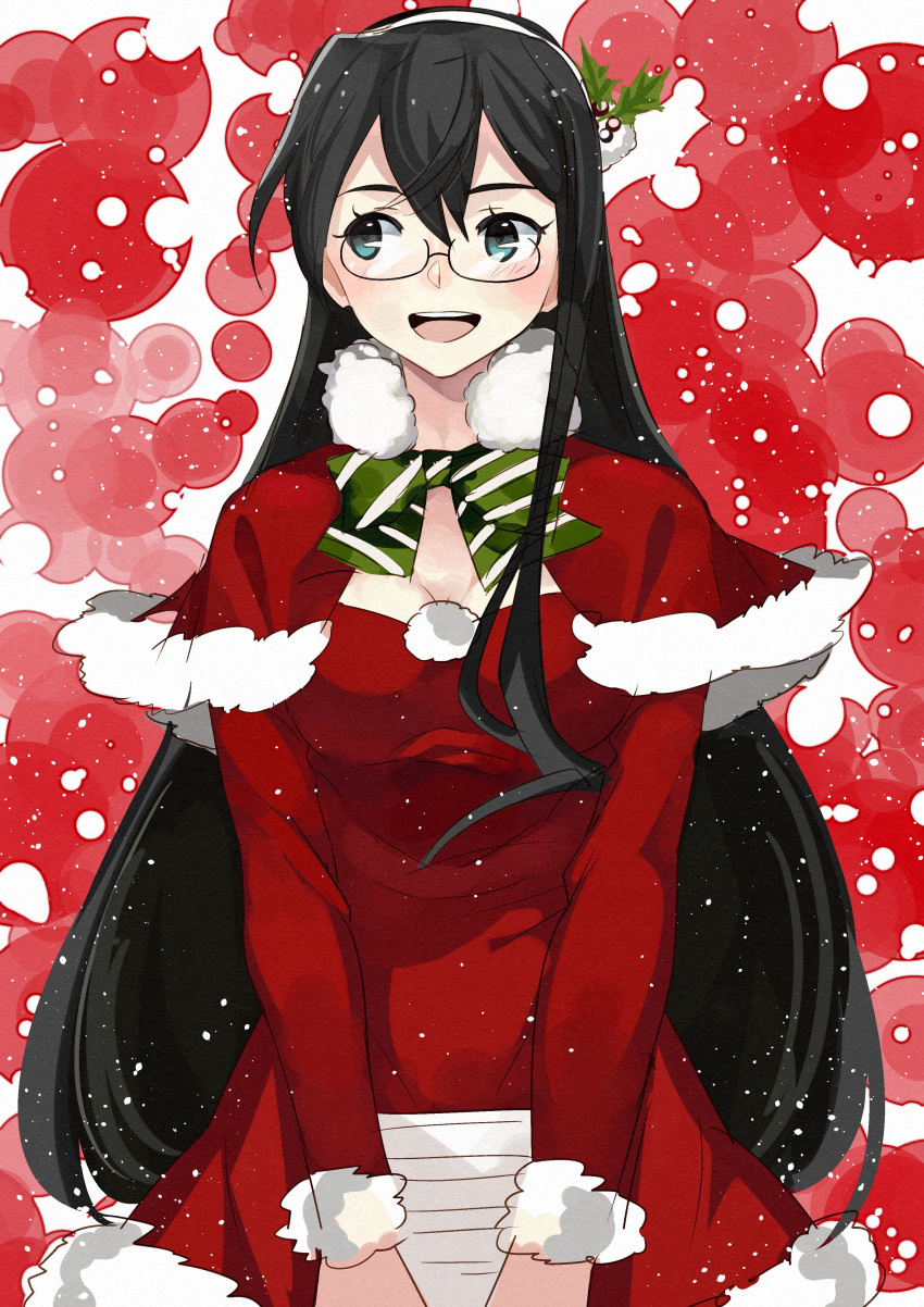 1girl absurdres black_hair capelet dress fur-trimmed_dress fur_trim glasses green_eyes green_neckwear hair_ornament hairband highres kanmiya_shinobu kantai_collection long_hair looking_to_the_side mistletoe ooyodo_(kantai_collection) red_background red_dress semi-rimless_eyewear solo striped striped_neckwear under-rim_eyewear