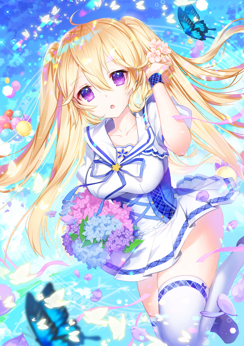 1girl :o ahoge apple_caramel black_footwear blonde_hair blue_flower blue_neckwear blue_sky blurry blurry_foreground bouquet breasts bug butterfly clouds collarbone commentary_request day depth_of_field floating_hair flower hair_between_eyes hair_flower hair_ornament hand_up highres insect leaf legs_up long_hair looking_at_viewer magic_circle medium_breasts miniskirt moe2019 neck_ribbon original parted_lips petals pink_flower plaid pleated_skirt puffy_short_sleeves puffy_sleeves purple_flower revision ribbon sailor_collar shirt shoes short_sleeves sidelocks skirt sky solo sparkle thigh-highs two_side_up violet_eyes white_flower white_legwear white_sailor_collar white_shirt white_skirt wristband zettai_ryouiki