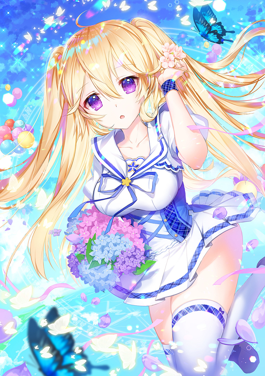 1girl :o ahoge apple_caramel black_footwear blonde_hair blue_flower blue_neckwear blue_sky blurry blurry_foreground bouquet breasts bug butterfly clouds collarbone commentary_request day depth_of_field floating_hair flower hair_between_eyes hair_flower hair_ornament hand_up highres insect leaf legs_up long_hair looking_at_viewer magic_circle medium_breasts miniskirt moe2019 neck_ribbon original parted_lips petals pink_flower plaid pleated_skirt puffy_short_sleeves puffy_sleeves purple_flower ribbon sailor_collar shirt shoes short_sleeves sidelocks skirt sky solo sparkle thigh-highs two_side_up violet_eyes white_flower white_legwear white_sailor_collar white_shirt white_skirt wristband zettai_ryouiki