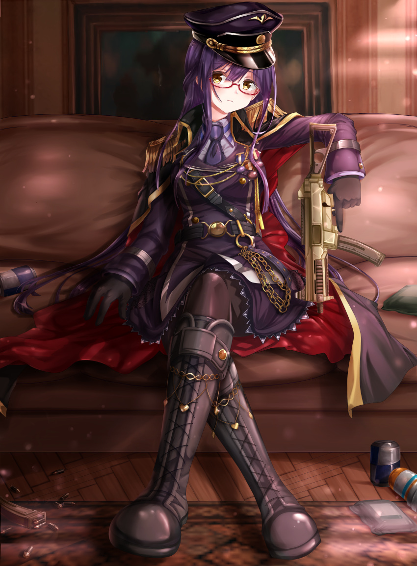 1girl absurdres alternate_hair_length alternate_hairstyle boots can cape couch epaulettes formal glasses gloves gun h&amp;k_ump hat highres holding holding_gun holding_weapon huge_filesize klie knee_boots long_hair magazine_(weapon) medal military_hat necktie nijisanji pantyhose peaked_cap purple_hair red-framed_eyewear semi-rimless_eyewear shizuka_rin sitting solo submachine_gun trigger_discipline very_long_hair weapon yellow_eyes