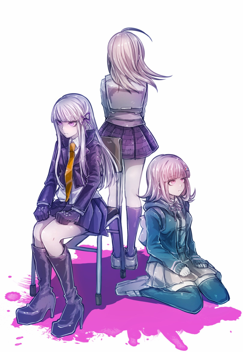 3girls absurdres ahoge akamatsu_kaede backpack bag bangs beamed_eighth_notes black_footwear black_hoodie black_jacket black_legwear blonde_hair boots braid breasts brown_footwear cat_bag commentary_request dangan_ronpa dangan_ronpa_1 eighth_note eyebrows_visible_through_hair flipped_hair from_behind gloves hair_ornament hair_ribbon hairclip hand_on_lap highres hood hoodie jacket kirigiri_kyouko kneeling long_hair long_sleeves looking_to_the_side medium_breasts multiple_girls musical_note nanami_chiaki necktie new_dangan_ronpa_v3 orange_neckwear pink_eyes pink_hair pink_neckwear pink_ribbon pink_skirt pleated_skirt purple_hair ribbon riyuta shirt shoes short_hair side_braid simple_background single_braid sitting skirt small_breasts socks standing super_dangan_ronpa_2 sweater_vest thigh-highs violet_eyes white_background white_shirt