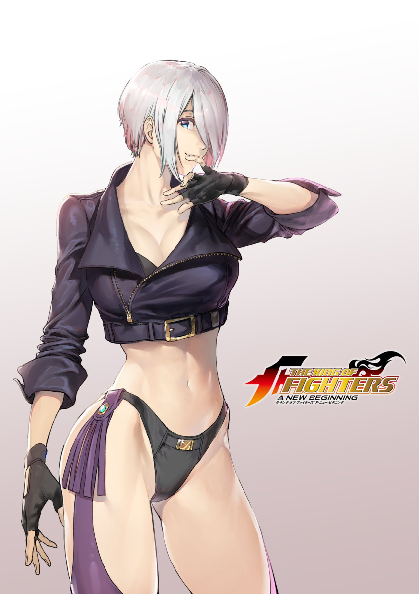 abs angel_(kof) azuma_kyoutarou_(artist) bikini_bottom black_bikini_bottom blue_eyes breasts check_commentary cleavage commentary_request cropped_jacket gloves hair_over_one_eye highres hip_focus large_breasts legs logo looking_at_viewer midriff official_art pants short_hair sidelocks snk the_king_of_fighters the_king_of_fighters:_a_new_beginning the_king_of_fighters_xiv toned