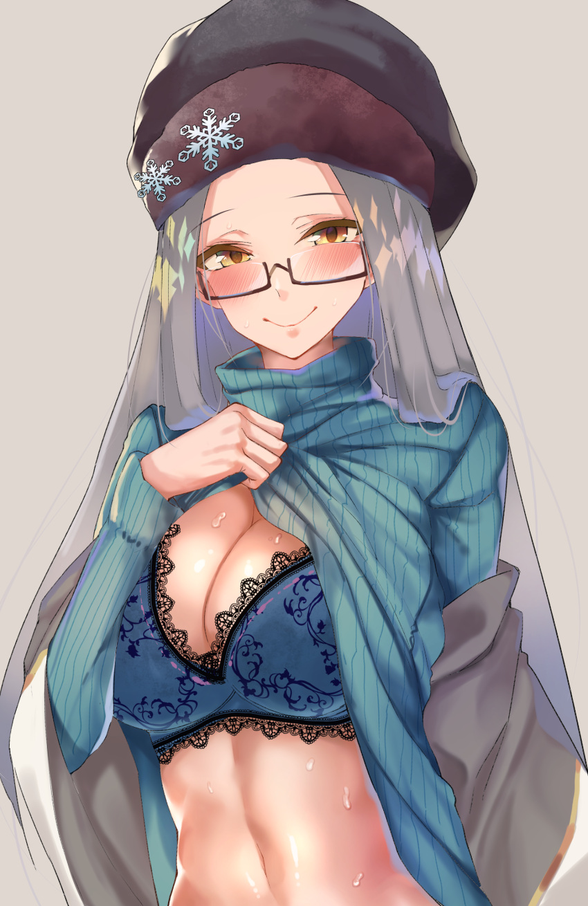 1girl absurdres azur_lane blue_bra blush bra breasts cleavage clothes_lift glasses grey_background grey_hair hat highres jacket lace lace-trimmed_bra large_breasts long_hair long_sleeves looking_at_viewer midriff navel off_shoulder ribbed_sweater shangri-la_(azur_lane) simple_background smile snowflake_pin solo straight_hair suushiki sweat sweater sweater_lift turtleneck turtleneck_sweater underwear upper_body yellow_eyes