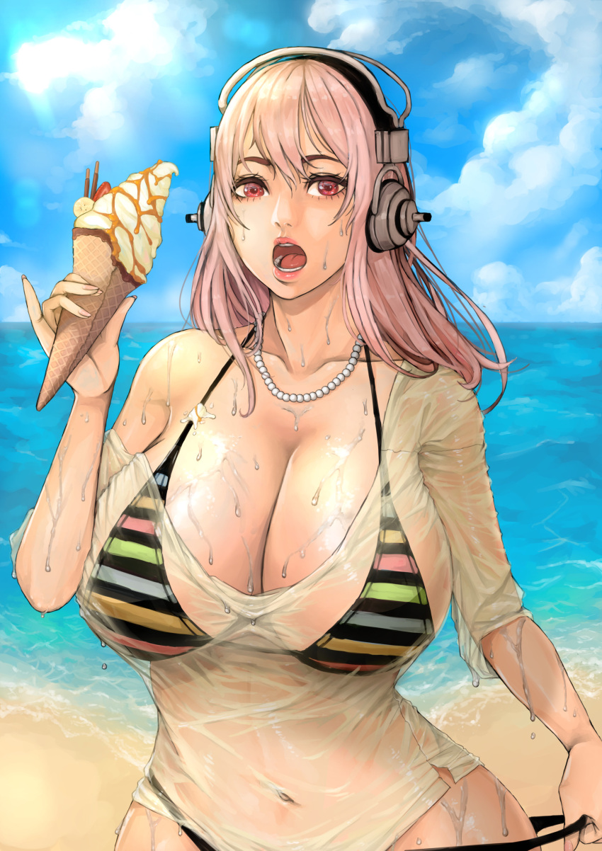 1girl absurdres adjusting_clothes adjusting_swimsuit bikini bikini_under_clothes blue_sky breasts cleavage clouds cloudy_sky collarbone day eyelashes food headphones highres huge_breasts ice_cream ice_cream_cone jewelry lips long_hair looking_at_viewer navel necklace nitroplus ocean open_mouth paul_dang_(podang) pearl_necklace pink_hair pinky_out red_eyes see-through shirt sky solo striped striped_bikini super_sonico swimsuit waffle_cone wet wet_clothes wet_shirt wet_t-shirt