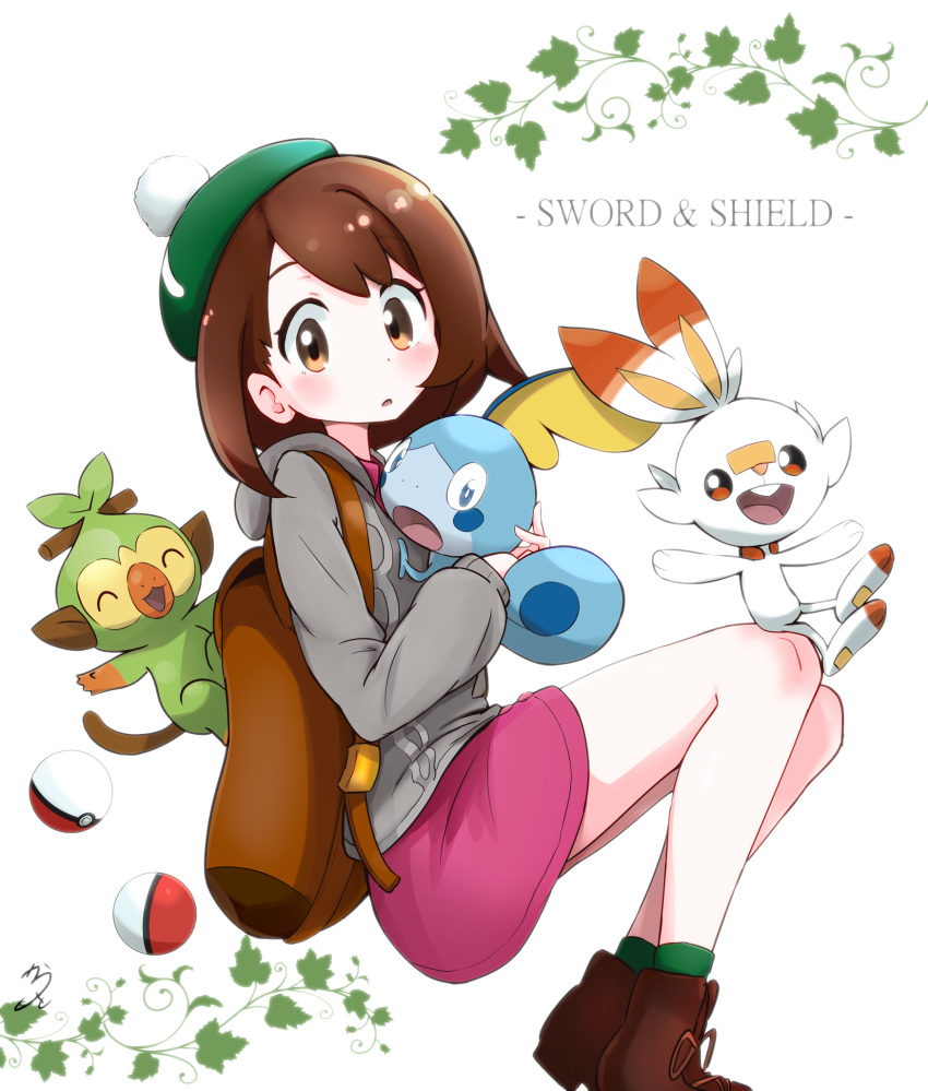 1girl :o ankle_boots backpack bag boots brown_eyes brown_footwear brown_hair collared_dress commentary_request copyright_name creatures_(company) dress english_text female_protagonist_(pokemon_swsh) floating from_side game_freak gen_8_pokemon green_hat green_legwear grey_sweater grookey hat highres holding holding_pokemon hood hoodie ivy light_blush light_frown long_sleeves looking_at_viewer medium_hair nintendo not_on_shana open_mouth pink_dress pokemon pokemon_(creature) pokemon_(game) pokemon_swsh scorbunny short_dress sobble socks solo sweater tam_o'_shanter white_background