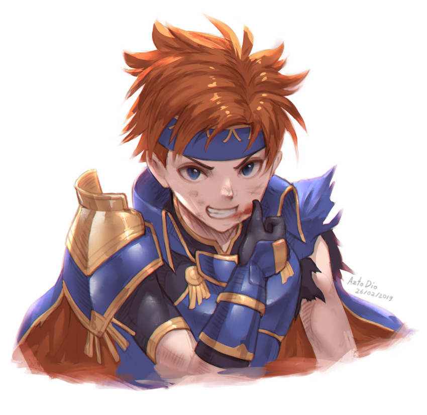 1boy armor azto_dio blood blue_eyes cape fire_emblem fire_emblem:_fuuin_no_tsurugi fire_emblem_heroes gloves headband highres looking_at_viewer male_focus nintendo redhead roy_(fire_emblem) short_hair simple_background smile solo torn_clothes white_background