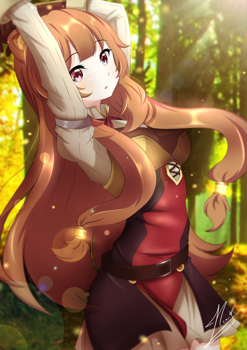 1girl absurdres animal_ears arms_up bangs blurry bokeh breasts brown_hair day depth_of_field eyebrows_visible_through_hair forest highres light_rays long_hair long_sleeves looking_at_viewer medium_breasts nature neru_kuroshiru raccoon_ears raccoon_girl raccoon_tail raphtalia red_eyes signature solo sunbeam sunlight tail tate_no_yuusha_no_nariagari