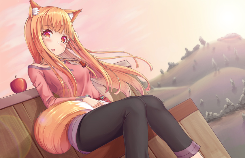 1girl animal_ears apple black_pants blush brown_hair dutch_angle food fruit hill holding_tail holo jewelry kaptivate long_hair long_sleeves looking_at_viewer necklace open_mouth pants pink_shirt pink_sky red_eyes shirt sitting smile solo spice_and_wolf tail wolf_ears wolf_tail