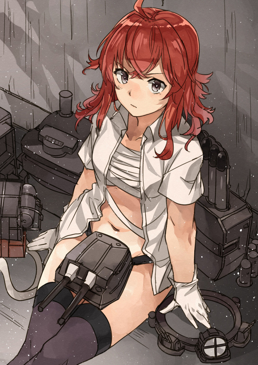 1girl absurdres adapted_turret ahoge arashi_(kantai_collection) black_legwear black_panties blouse brown_eyes collarbone cowboy_shot gloves highres kanmiya_shinobu kantai_collection looking_at_viewer looking_to_the_side machinery messy_hair navel open_clothes panties redhead sarashi searchlight sitting solo thigh-highs underwear white_gloves