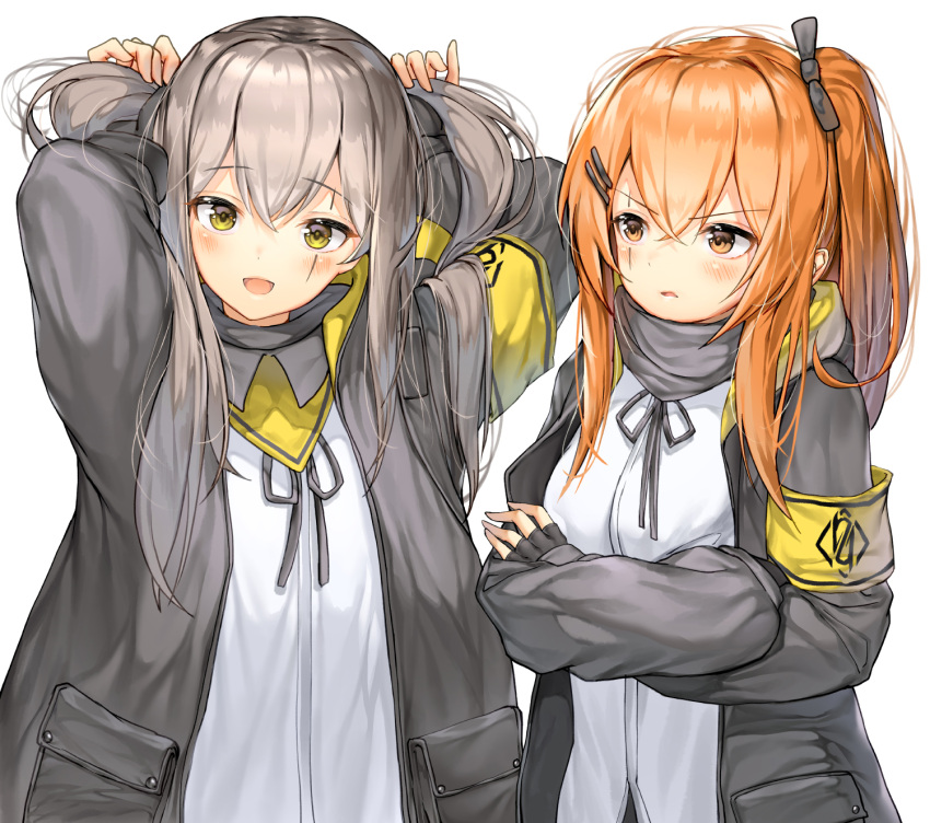 2girls :d armband arms_up black_gloves black_jacket black_neckwear blush bow brown_eyes bunching_hair crossed_arms fingerless_gloves frown girls_frontline gloves green_eyes grey_hair hair_bow head_tilt highres hood hood_down hooded_jacket jacket lee_seok_ho long_hair long_sleeves looking_at_viewer multiple_girls one_side_up open_clothes open_jacket open_mouth orange_hair parted_lips scar scar_across_eye shirt sidelocks simple_background smile standing twintails ump45_(girls_frontline) ump9_(girls_frontline) upper_body v-shaped_eyebrows white_background white_shirt