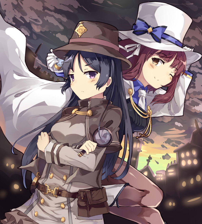 2girls black_hair bow cape capelet character_request copyright_request detective hat highres holding long_hair magnifying_glass multiple_girls necktie normaland one_eye_closed redhead short_hair violet_eyes yellow_eyes