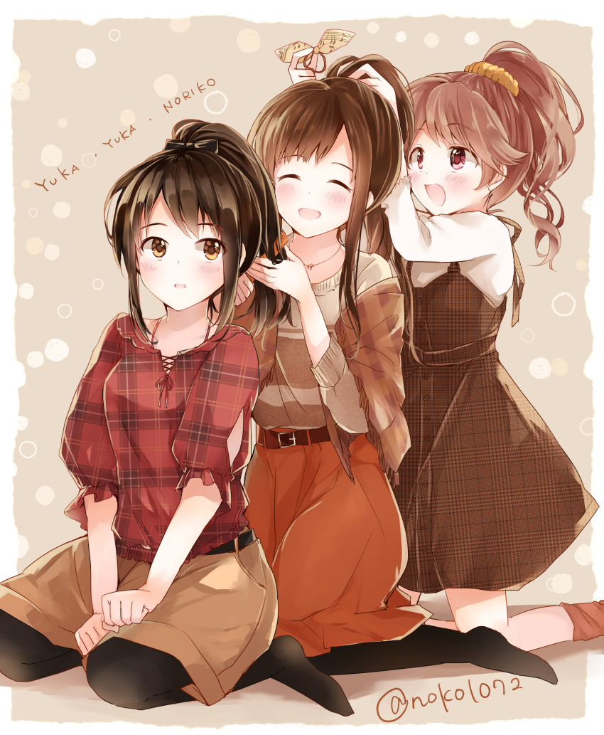 3girls absurdres alternate_hairstyle belt black_hair black_legwear blush brown_eyes brown_hair character_name closed_eyes commentary_request eyebrows_visible_through_hair highres idolmaster idolmaster_cinderella_girls jewelry kneeling long_hair mellow_yellow mizumoto_yukari multiple_girls nakano_yuka necklace noko_(noko1886) open_mouth plaid plaid_shirt ponytail red_eyes ribbon scrunchie shawl shiina_noriko shirt sketch twitter_username tying_hair