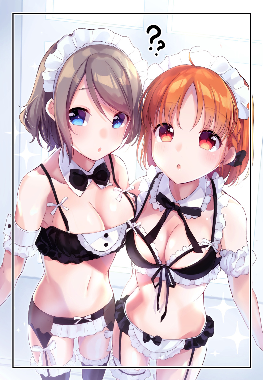 2girls :o ?? absurdres alternate_costume apron bangs black_bow black_legwear black_ribbon black_skirt blue_eyes blush bow braid breasts brown_hair cleavage collar detached_collar detached_sleeves enmaided eyebrows_visible_through_hair frilled_apron frilled_shirt_collar frills garter_belt goroo_(eneosu) hair_between_eyes hair_bow highres looking_at_viewer love_live! love_live!_sunshine!! maid maid_headdress medium_breasts microskirt midriff multiple_girls navel parted_lips pleated_skirt puffy_short_sleeves puffy_sleeves red_eyes ribbon short_sleeves skirt takami_chika thigh-highs waist_apron watanabe_you white_apron white_collar white_sleeves