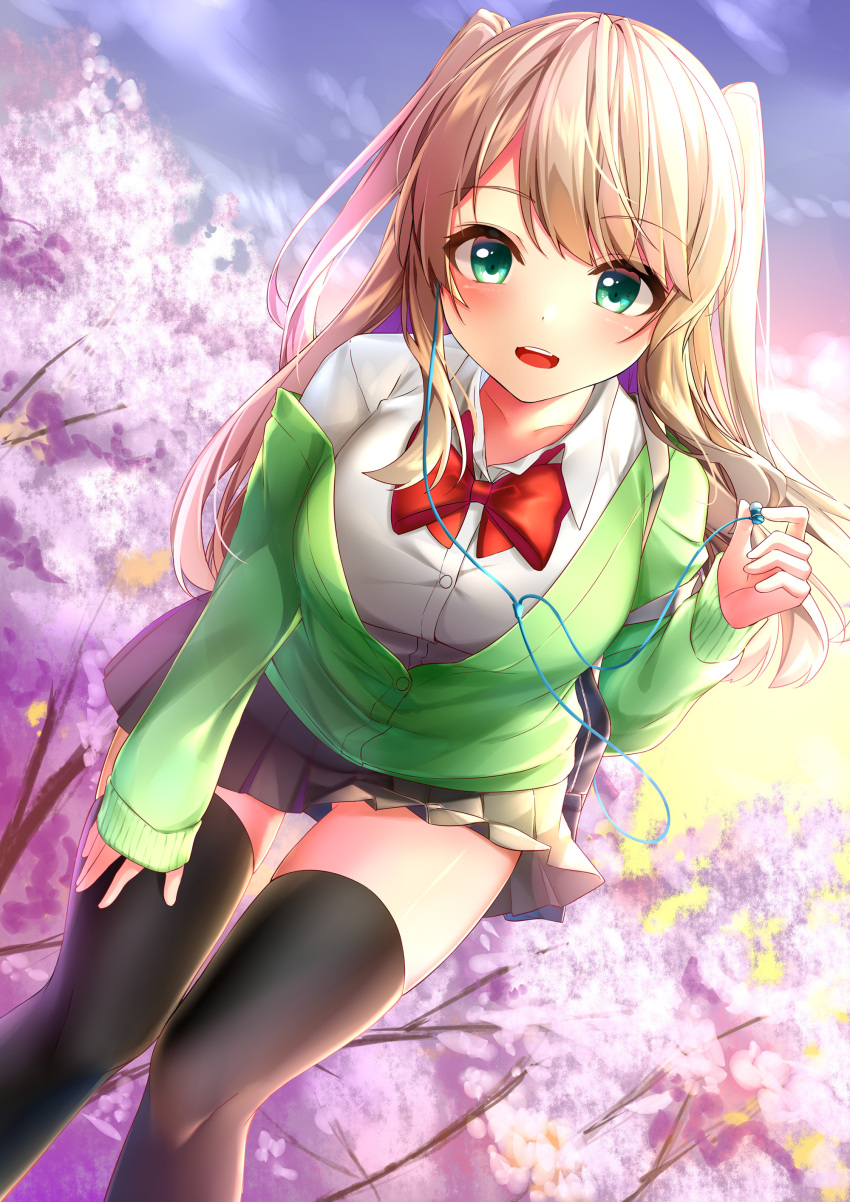 1girl :d absurdres aqua_eyes ass_visible_through_thighs black_legwear black_skirt blue_sky blush bow bowtie breasts brown_hair buttons cherry_blossoms collarbone collared_shirt commentary_request day dress_shirt earphones gradient_sky green_cardigan hand_on_own_thigh hand_up highres holding holding_earphone leaning_forward long_hair long_sleeves looking_at_viewer medium_breasts miniskirt moe2019 off_shoulder open_mouth original outdoors pleated_skirt red_neckwear rukinya_(nyanko_mogumogu) school_uniform shirt sidelocks skirt sky sleeves_past_wrists smile solo spring_(season) thigh-highs tree two_side_up undershirt white_shirt zettai_ryouiki
