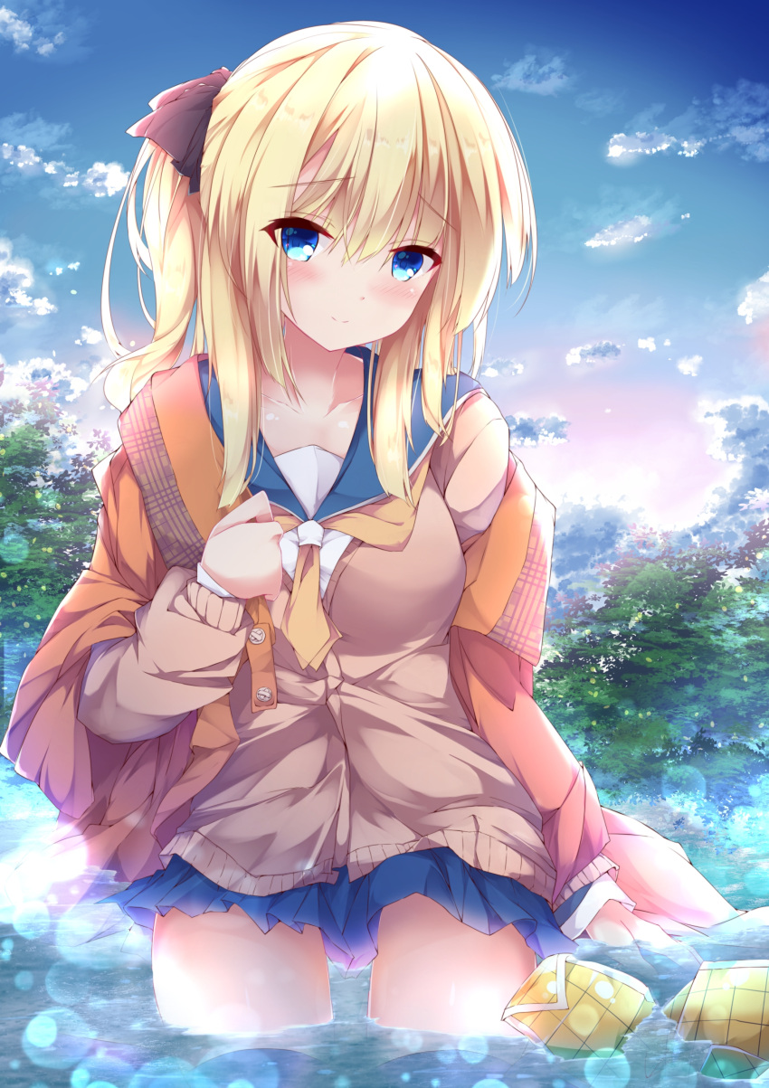 1girl absurdres bad_hands bangs black_bow blonde_hair blue_eyes blue_sailor_collar blue_skirt blue_sky blush bow brown_cardigan cardigan closed_mouth clouds collarbone commentary_request day eyebrows_visible_through_hair fuuna hair_between_eyes hair_bow head_tilt highres jacket long_hair long_sleeves looking_at_viewer moe2019 neckerchief off_shoulder one_side_up open_clothes open_jacket orange_jacket orange_neckwear original outdoors pleated_skirt sailor_collar school_uniform serafuku shirt skirt sky smile solo tree wading water white_shirt