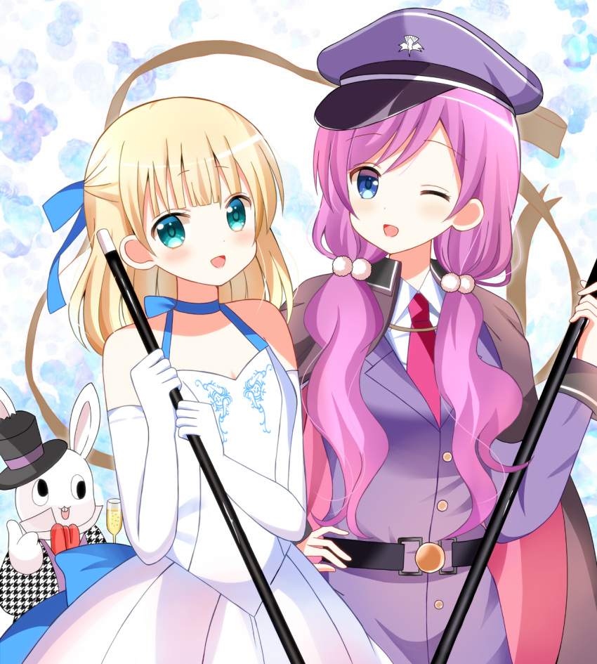 2girls 6_9 :d ;d alcohol bangs belt black_belt black_hat blonde_hair blowgun_club_president_(gochiusa) blue_bow blue_eyes blunt_bangs bow breasts champagne champagne_flute collared_shirt cup dress drinking_glass elbow_gloves eyebrows_visible_through_hair gloves gochuumon_wa_usagi_desu_ka? green_eyes hair_between_eyes hair_bow hair_ornament half_updo hat highres holding jacket kirima_sharo long_hair long_sleeves low_twintails multiple_girls necktie one_eye_closed open_mouth peaked_cap pink_hair purple_hat purple_jacket red_neckwear ryoutan shirt sleeveless sleeveless_dress small_breasts smile stuffed_animal stuffed_bunny stuffed_toy top_hat twintails very_long_hair white_dress white_gloves white_shirt