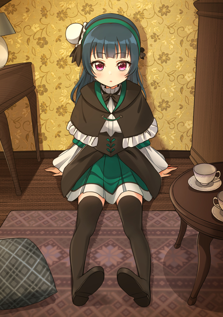 1girl :o blue_hair blush boots brown_capelet brown_footwear brown_legwear bun_cover capelet cup deadnooodles fingernails frilled_capelet frills green_hairband green_skirt hair_bun hairband highres indoors lamp long_hair long_sleeves looking_at_viewer love_live! love_live!_sunshine!! on_floor parted_lips pillow pink_eyes pleated_skirt saucer shirt side_bun sitting skirt soles solo table teacup thigh-highs thigh_boots tsushima_yoshiko white_shirt