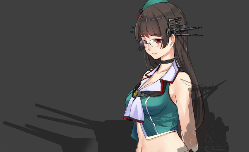 1girl akasaai arms_behind_back bangs bare_arms bare_shoulders black_choker black_hair blunt_bangs breasts character_request choker choukai_(kantai_collection) cleavage collarbone commentary_request eyebrows_visible_through_hair glasses grey_background kantai_collection kikumon lace-trimmed_choker lace_trim midriff navel red_eyes rigging shiny shiny_hair simple_background solo stomach tilted_headwear upper_body white_neckwear