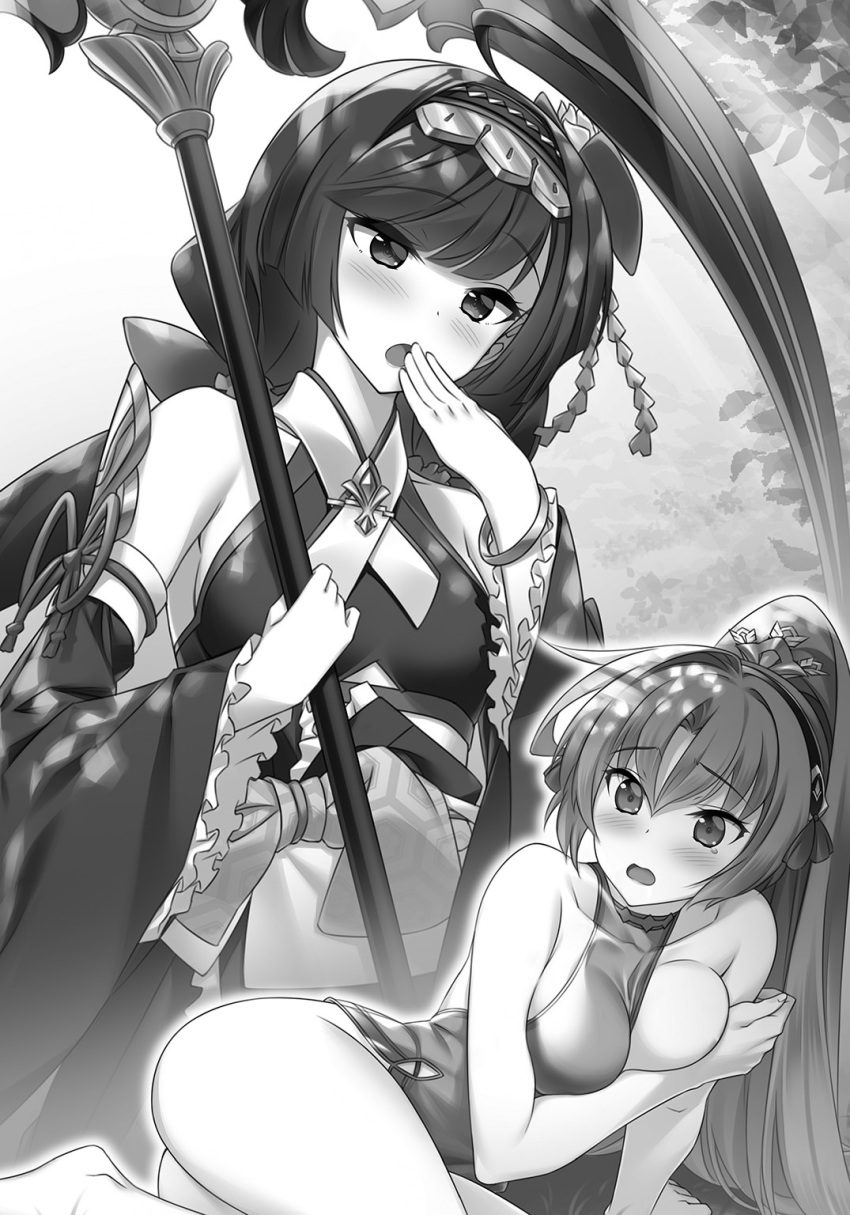 2girls ahoge blush bottomless breasts breasts_outside collarbone covering covering_mouth covering_one_breast detached_sleeves embarrassed eyebrows_visible_through_hair greyscale hair_between_eyes hair_ornament hairband hand_over_own_mouth high_ponytail highres holding holding_scythe large_breasts long_sleeves ludmila_lourie madan_no_ou_to_vanadis miyatsuki_itsuka monochrome multiple_girls novel_illustration official_art open_mouth outdoors scythe white_sleeves