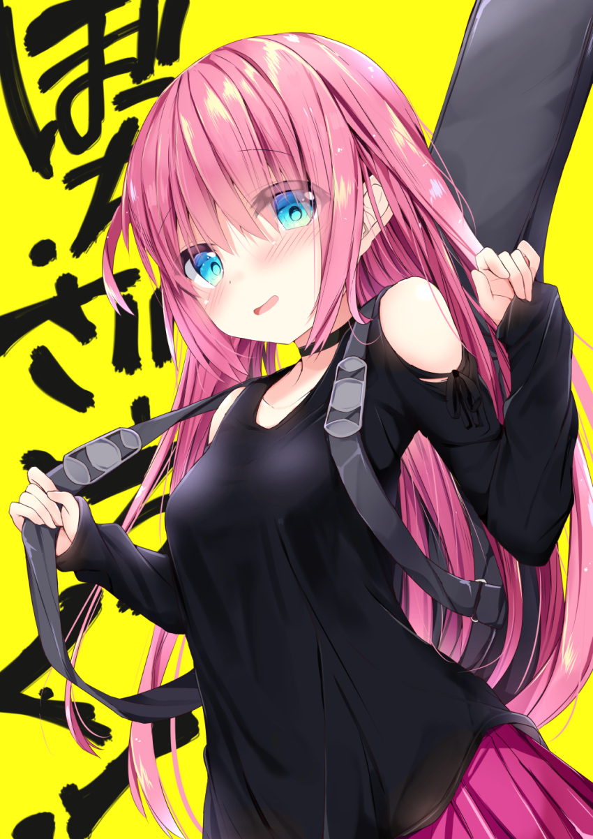 1girl background_text bangs bare_shoulders black_choker black_shirt blue_eyes blush breasts choker collarbone commentary_request eyebrows_visible_through_hair hair_between_eyes hands_up highres instrument_case kouda_suzu long_hair long_sleeves medium_breasts original parted_lips pink_hair pink_skirt pleated_skirt shirt shoulder_cutout simple_background skirt sleeves_past_wrists smile solo translation_request very_long_hair yellow_background