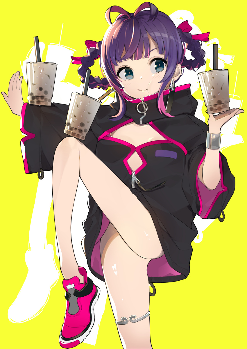 1girl :t absurdres antenna_hair ass balancing bangs black_dress blue_eyes blush braid china_dress chinese_clothes closed_mouth commentary_request cup disposable_cup dress drop_shadow earrings eating eyebrows_visible_through_hair hair_rings highres jewelry long_sleeves multicolored_hair omucchan_(omutyuan) original outstretched_arm pink_footwear pink_hair purple_hair shoes short_dress solo standing standing_on_one_leg streaked_hair turtleneck twin_braids v-shaped_eyebrows wide_sleeves yellow_background