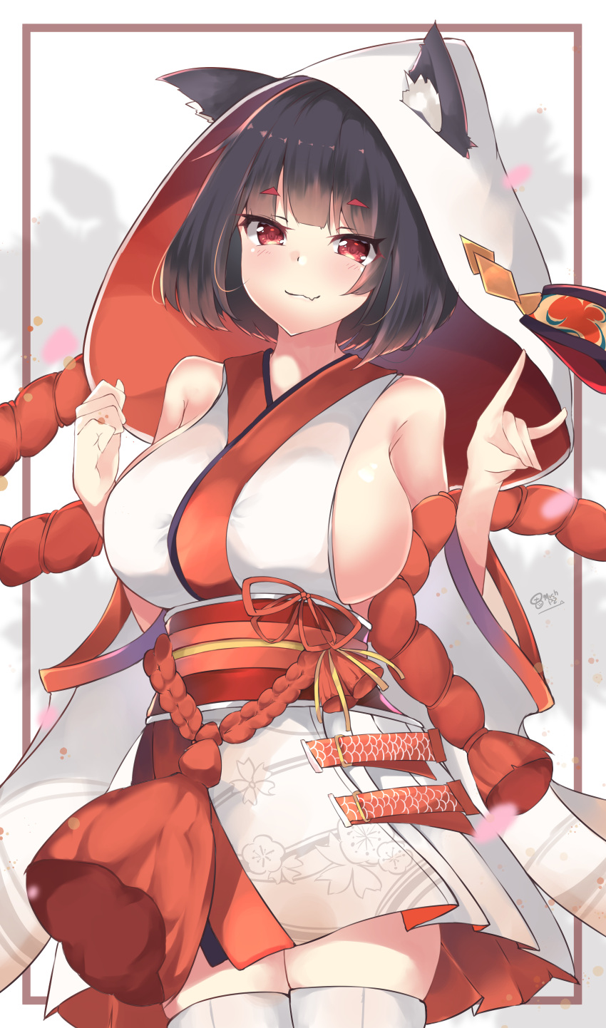 1girl :3 absurdres animal_ears azur_lane bangs bare_shoulders black_hair blush breasts cat_ears closed_mouth commentary_request detached_sleeves ears_through_headwear eyebrows_visible_through_hair eyes_visible_through_hair fang_out hands_up head_tilt highres hood japanese_clothes k-doku kimono large_breasts long_sleeves looking_at_viewer red_eyes sideboob smile solo thigh-highs thighs uchikake white_kimono white_legwear wide_sleeves yamashiro_(azur_lane)