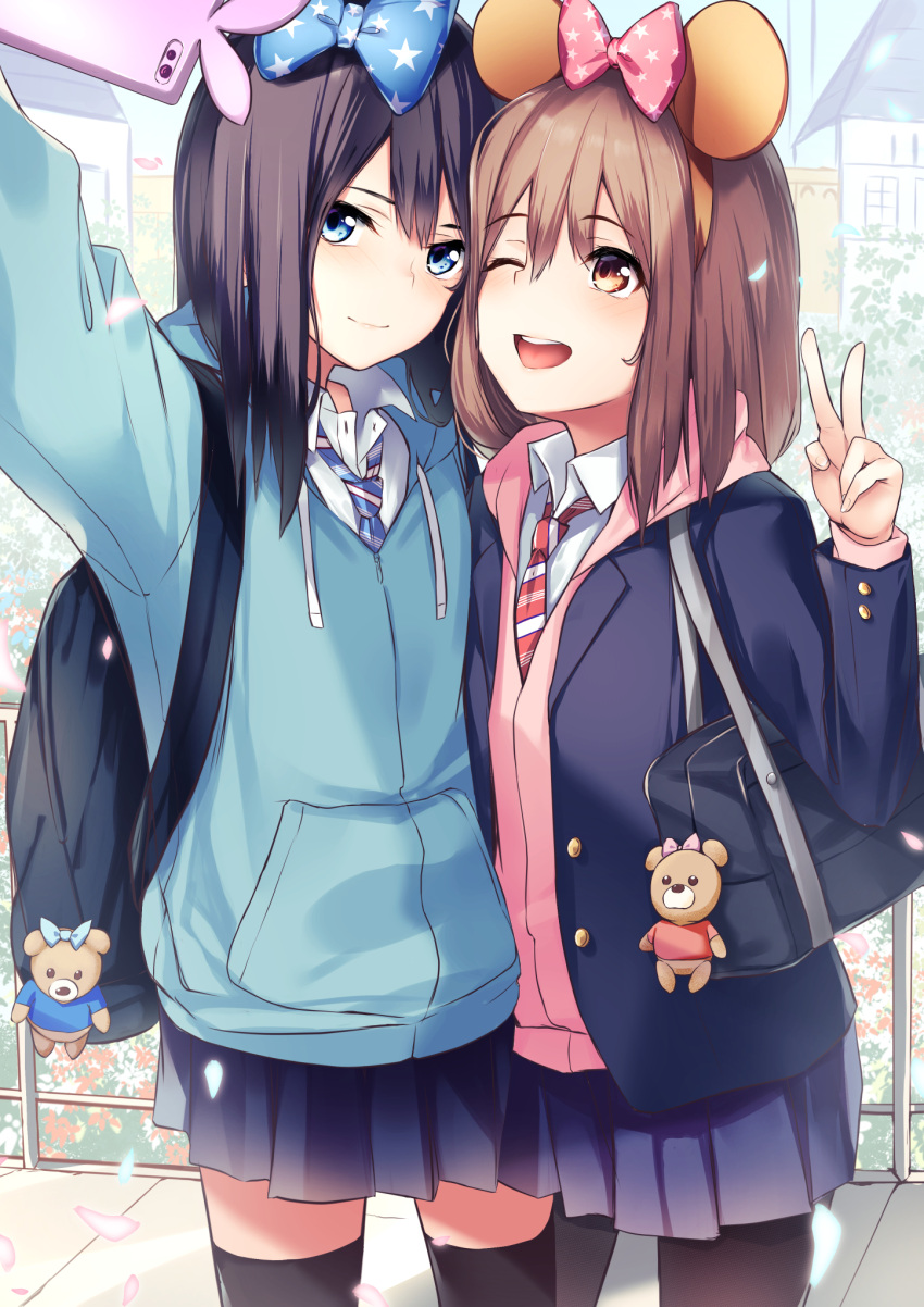 1girl :d animal_ears backpack bag bag_charm bangs black_legwear blazer blue_bow blue_eyes blue_hoodie blue_jacket blue_neckwear blue_skirt blush borushichi bow brown_eyes brown_hair brown_hairband brown_legwear building cellphone charm_(object) commentary_request day diagonal-striped_neckwear diagonal_stripes drawstring eyebrows_visible_through_hair fake_animal_ears hair_between_eyes hair_bow hairband hand_up highres holding holding_cellphone holding_phone hood hood_down hooded_jacket jacket long_hair moe2019 open_blazer open_clothes open_jacket open_mouth original outdoors outstretched_arm pantyhose petals phone pink_bow pink_jacket pleated_skirt print_bow reaching_out red_neckwear school_bag school_uniform self_shot skirt smile solo standing star star_print striped striped_neckwear thigh-highs v