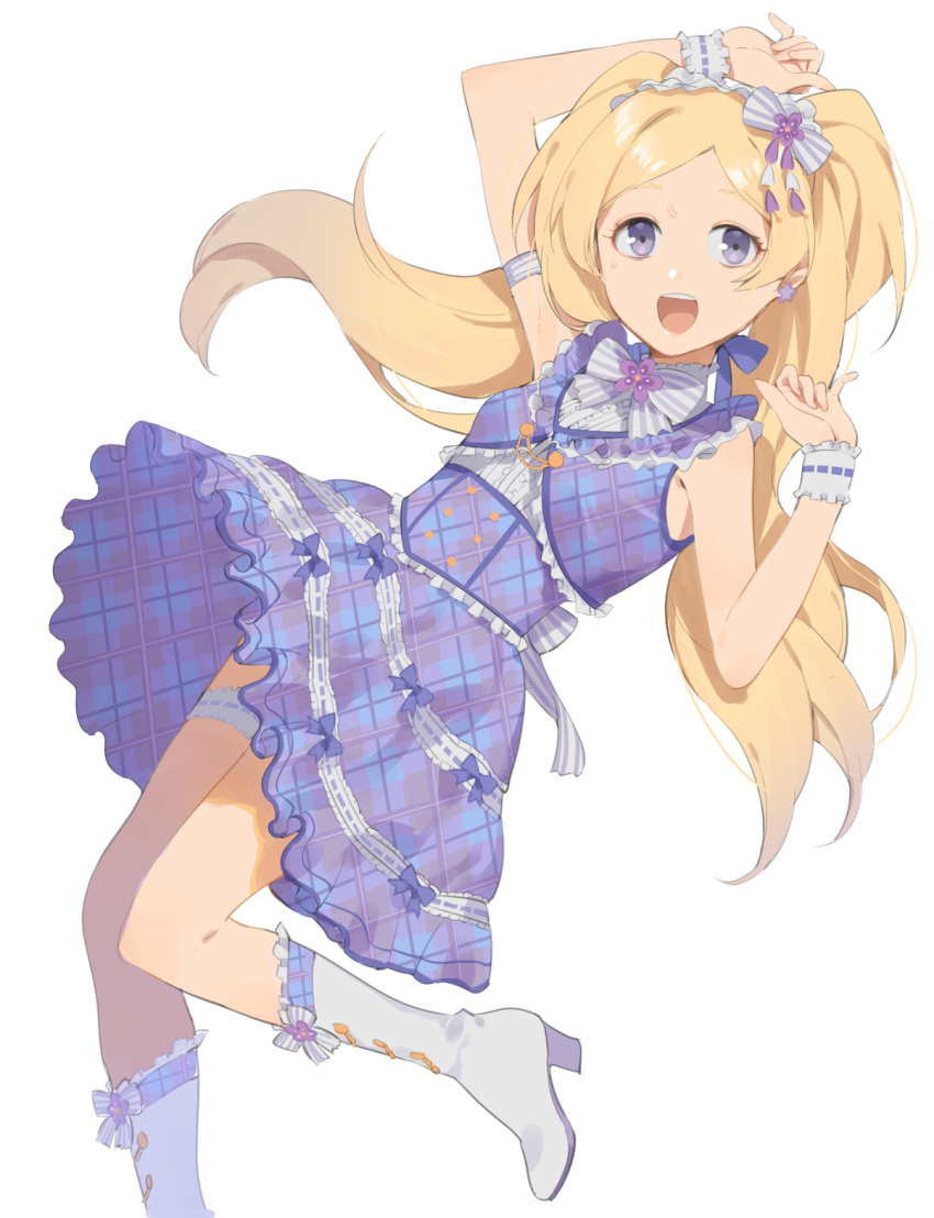 1girl 2l_(2lsize) arm_up blonde_hair blush boots bow commentary_request dress emily_stewart full_body hair_ornament hairband high_heel_boots high_heels highres idolmaster idolmaster_million_live! idolmaster_million_live!_theater_days long_hair looking_at_viewer open_mouth plaid plaid_dress purple_dress simple_background sketch sleeveless sleeveless_dress smile solo twintails violet_eyes white_background white_footwear wrist_cuffs