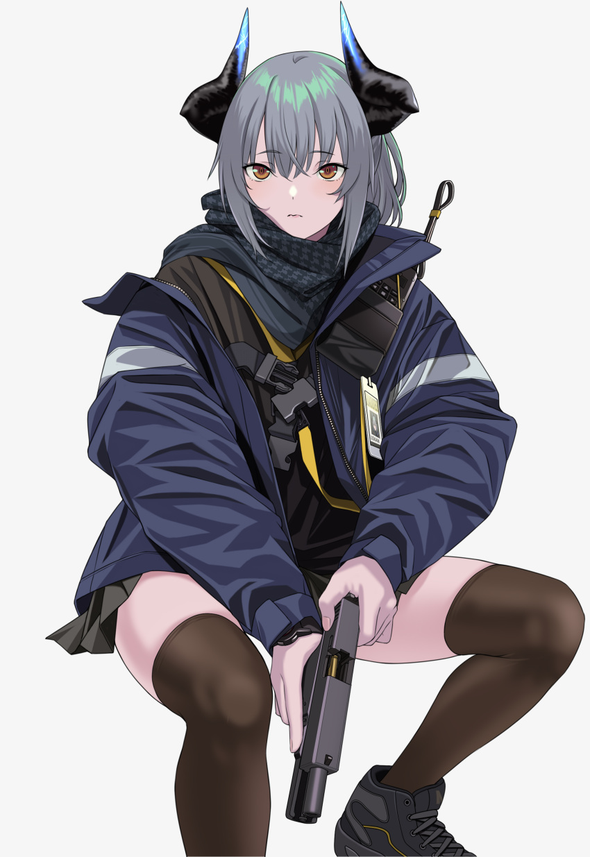 1girl absurdres arknights black_legwear brown_eyes commentary eyebrows_visible_through_hair grey_hair gun handgun highres holding holding_gun holding_weapon horns id_card invisible_chair jacket pistol shawl sitting solo symbol_commentary thigh-highs watch watch weapon white_background yitiao_er-hua