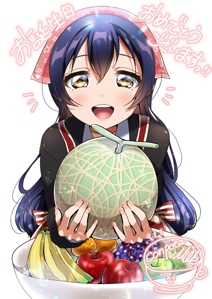 1girl absurdres bangs blue_hair blush commentary_request food fruit hair_between_eyes highres holding holding_food holding_fruit long_hair long_sleeves looking_at_viewer love_live! love_live!_school_idol_festival love_live!_school_idol_project open_mouth panda_copt simple_background smile solo sonoda_umi upper_body white_background yellow_eyes