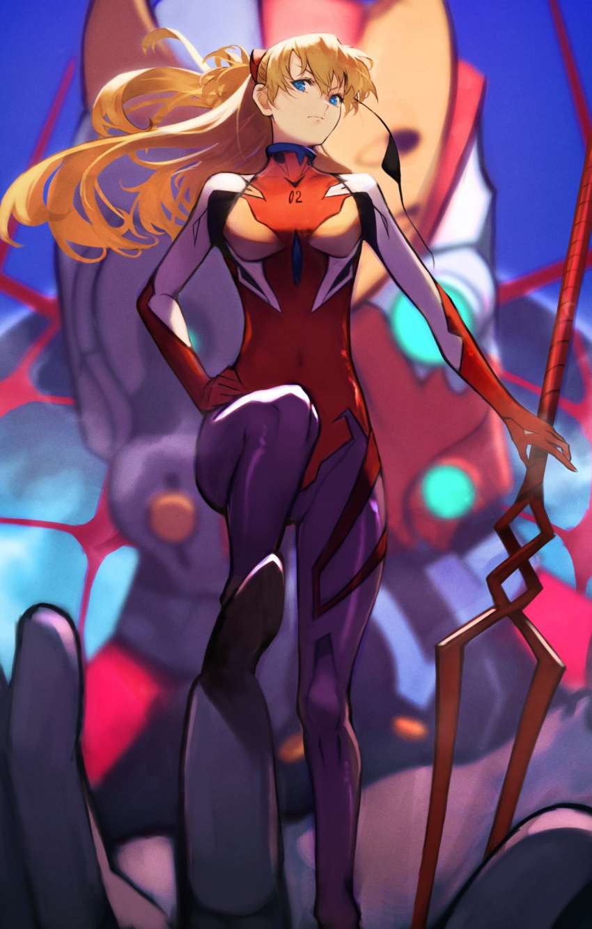 &gt;:( 1girl 55level bangs blonde_hair blue_eyes blurry blurry_background bodysuit closed_mouth day depth_of_field eva_02 eyepatch eyepatch_removed feet_out_of_frame floating_hair hair_ornament hand_on_hip highres legs long_hair mecha neon_genesis_evangelion outdoors plugsuit polearm red_bodysuit serious solo souryuu_asuka_langley spear standing stepping weapon wind