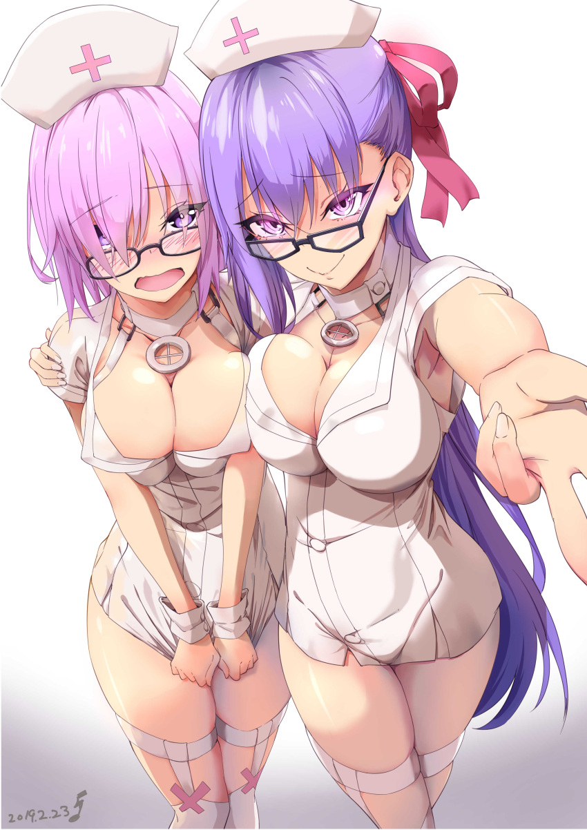 2girls absurdres alternate_costume armpits bangs bb_(fate)_(all) bb_(fate/extra_ccc) black-framed_eyewear blue_hair blush breasts cleavage collar commentary_request covering covering_crotch dated dress embarrassed eyebrows_visible_through_hair fate/grand_order fate_(series) glasses gradient gradient_background hair_over_one_eye hair_ribbon hand_on_another's_shoulder hat highres kurihara_kazuake large_breasts looking_at_viewer mash_kyrielight multiple_girls nail_polish nose_blush nurse nurse_cap open_mouth outstretched_arm pink_hair pink_ribbon ribbon short_dress short_hair short_sleeves skindentation thigh-highs thigh_strap violet_eyes white_background white_dress white_legwear white_nails