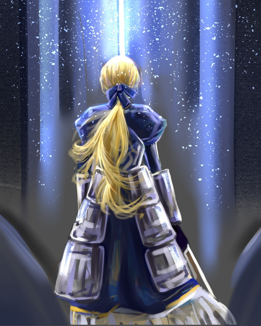 1girl armor armored_dress artoria_pendragon_(all) blonde_hair blue_dress blue_ribbon dress facing_away fate/grand_order fate_(series) faulds from_behind gauntlets highres holding holding_weapon knight long_hair low_tied_hair puffy_sleeves ribbon saber user_east4478 weapon