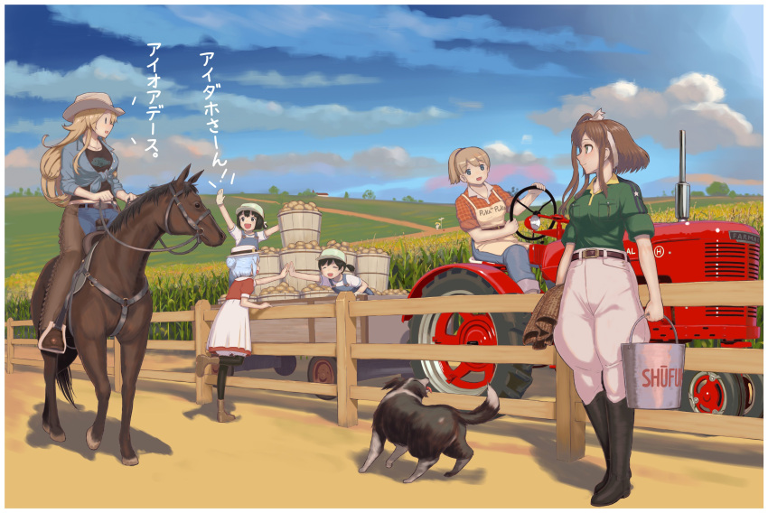 6+girls absurdres alternate_costume baseball_cap belt belt_buckle black_footwear black_hair blonde_hair blue_eyes blue_hair boots breast_pocket breeches brown_belt brown_footwear brown_hair buckle chaps clouds collarbone commentary_request cowboy_hat daitou_(kantai_collection) day denim dog enemy_lifebuoy_(kantai_collection) farm fence field front-tie_top gambier_bay_(kantai_collection) green_eyes green_jacket hat hiburi_(kantai_collection) highres horse intrepid_(kantai_collection) iowa_(kantai_collection) jacket jeans kaku_choushi kantai_collection multiple_girls overalls pants pocket ponytail riding saddle samuel_b._roberts_(kantai_collection) saratoga_(kantai_collection) shinkaisei-kan short_hair short_sleeves side_ponytail sidelocks sky smile tractor translated twintails white_hat