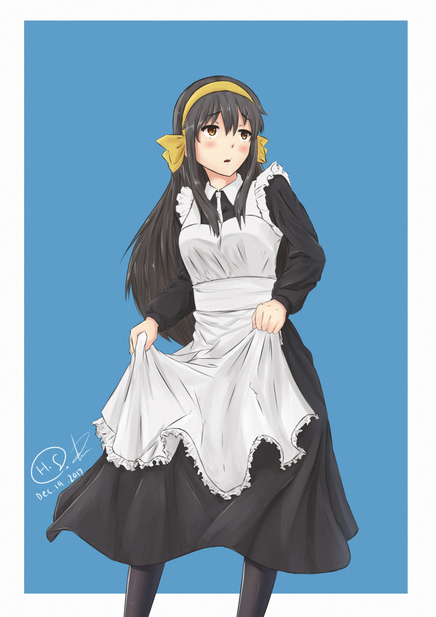 1boy absurdres apron black_hair blush brown_eyes character_request commentary copyright_request crossdressinging dated english_commentary hairband highres himmelstern long_hair maid maid_apron otoko_no_ko pantyhose signature simple_background skirt_hold solo