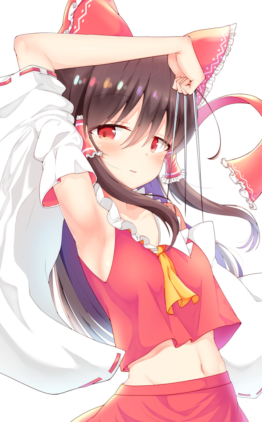 1girl arm_up armpits ascot bangs bare_shoulders between_fingers blush bow brown_hair collarbone commentary_request cowboy_shot crop_top detached_sleeves eyebrows_visible_through_hair frilled_shirt_collar frills groin hair_between_eyes hair_bow hair_tubes hakurei_reimu highres holding holding_weapon long_hair long_sleeves looking_at_viewer midriff navel needle parted_lips rankasei red_bow red_eyes red_skirt ribbon-trimmed_sleeves ribbon_trim sidelocks simple_background skirt skirt_set solo stomach touhou weapon white_background wide_sleeves yellow_neckwear