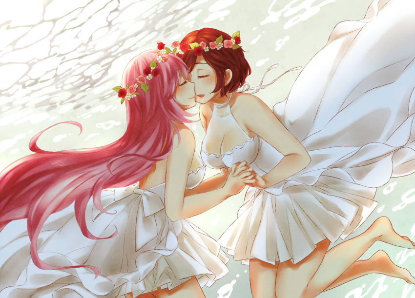 2girls backless_dress backless_outfit barefoot breasts brown_hair cleavage dress floating_hair flower hair_flower hair_ornament hand_holding head_wreath imminent_kiss interlocked_fingers large_breasts long_hair megurine_luka meiko multiple_girls open_mouth pink_flower pink_hair pleated_dress red_flower see-through short_dress short_hair sleeveless sleeveless_dress smile ssn strapless strapless_dress very_long_hair vocaloid wedding_dress white_dress yuri