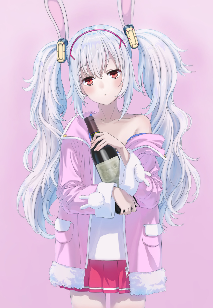 1girl animal_ears azur_lane blush bottle collarbone cowboy_shot expressionless eyebrows_visible_through_hair fake_animal_ears hair_between_eyes hairband highres holding holding_bottle jacket laffey_(azur_lane) long_hair long_sleeves looking_at_viewer miniskirt off_shoulder open_clothes open_jacket parted_lips pink_background pink_jacket pleated_skirt rabbit_ears red_eyes red_hairband red_skirt shirt silver_hair simple_background skirt solo standing thigh_gap tuchinokoeffect twintails very_long_hair white_shirt wine_bottle
