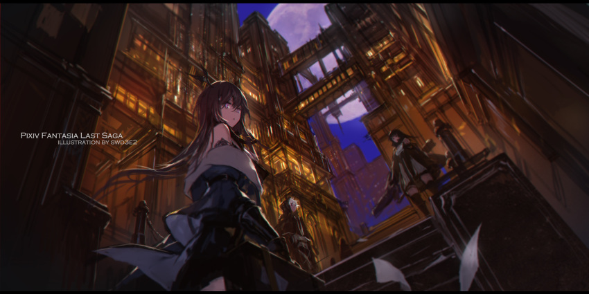 1boy 2girls armor artist_name black_hair black_legwear blue_jacket blue_sky building cityscape commentary_request dark dress fantasy floating_hair from_below full_moon gauntlets highres holding horns jacket letterboxed long_hair looking_at_viewer moon multiple_girls night off_shoulder outdoors pixiv_fantasia pixiv_fantasia_last_saga sky standing swd3e2 thigh-highs violet_eyes white_dress white_hair