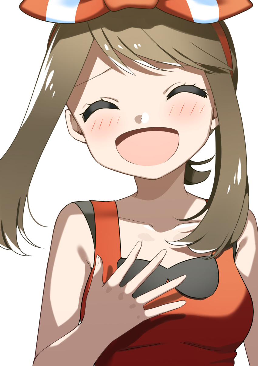 1girl :d absurdres blush bow breasts brown_hair closed_eyes collarbone creatures_(company) game_freak hair_bow hairband haruka_(pokemon) highres long_hair nintendo open_mouth pokemon pokemon_(game) pokemon_oras red_hairband red_shirt shiny shiny_hair shirt simple_background sleeveless sleeveless_shirt small_breasts smile solo striped striped_bow twintails upper_body white_background yuihiko