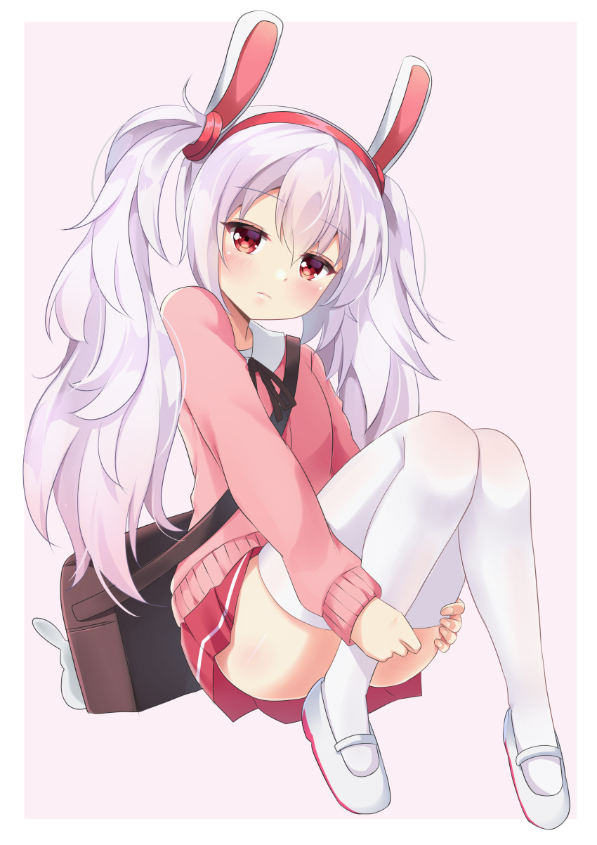 1girl absurdres agung_syaeful_anwar animal_ears azur_lane bag bangs brown_background brown_ribbon cardigan closed_mouth collared_shirt commentary eyebrows_visible_through_hair fingernails full_body hair_between_eyes hair_ornament hairband hand_on_own_ass highres laffey_(azur_lane) leg_grab long_hair long_sleeves looking_at_viewer neck_ribbon pink_cardigan pleated_skirt rabbit_ears red_eyes red_hairband red_skirt ribbon shirt shoes shoulder_bag sidelocks silver_hair sitting skirt sleeves_past_wrists solo thigh-highs twintails two-tone_background uwabaki very_long_hair white_background white_footwear white_legwear white_shirt