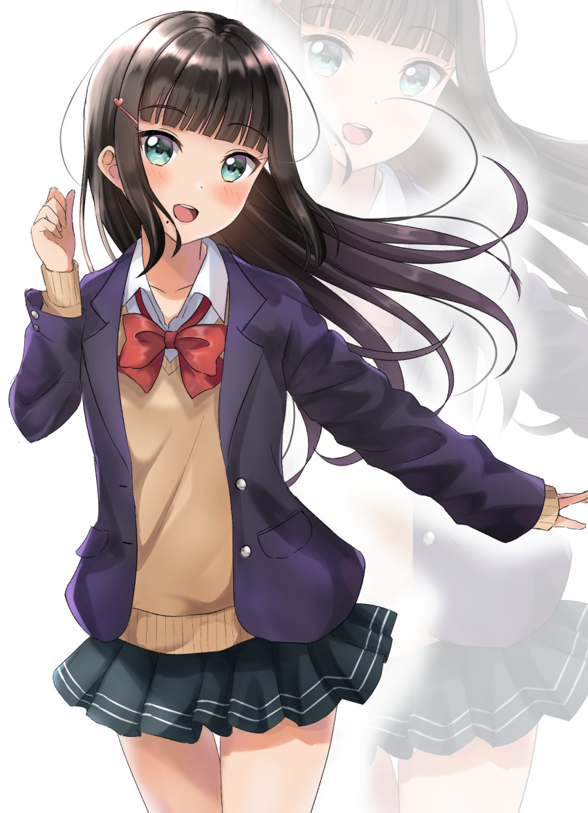 1girl :d bangs blazer blunt_bangs blush brown_hair brown_sweater commentary_request eyebrows_visible_through_hair floating_hair green_eyes green_skirt hair_ornament hairclip hand_up head_tilt heart heart_hair_ornament highres jacket kurosawa_dia long_hair long_sleeves love_live! love_live!_sunshine!! mole open_blazer open_clothes open_jacket open_mouth pleated_skirt purple_jacket round_teeth school_uniform simple_background sin_(sin52y) skirt sleeves_past_wrists smile solo sweater teeth upper_teeth very_long_hair white_background zoom_layer