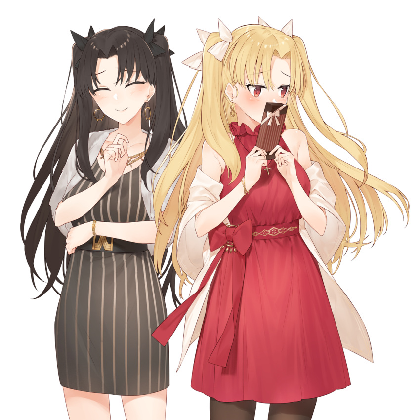 2girls ^_^ bangs bare_shoulders belt bitter_sweet_(fate/grand_order) black_bow black_dress black_hair blonde_hair blush bow box bracelet breasts brown_legwear closed_eyes closed_eyes closed_mouth collarbone commentary_request covering_mouth cowboy_shot cross cross_necklace dress earrings embarrassed ereshkigal_(fate/grand_order) eyebrows_visible_through_hair facing_viewer fate/grand_order fate_(series) floating_hair gift gift_box hair_bow hand_up hands_up hayashi_kewi holding holding_box holding_gift hoop_earrings infinity ishtar_(fate/grand_order) jacket jewelry latin_cross long_hair looking_away looking_to_the_side multiple_girls necklace off_shoulder open_clothes open_jacket pantyhose parted_bangs red_dress red_eyes red_ribbon ribbon short_sleeves side-by-side simple_background sleeveless sleeveless_dress small_breasts smile standing striped striped_dress two_side_up vertical-striped_dress vertical_stripes white_background white_bow white_jacket wide_sleeves