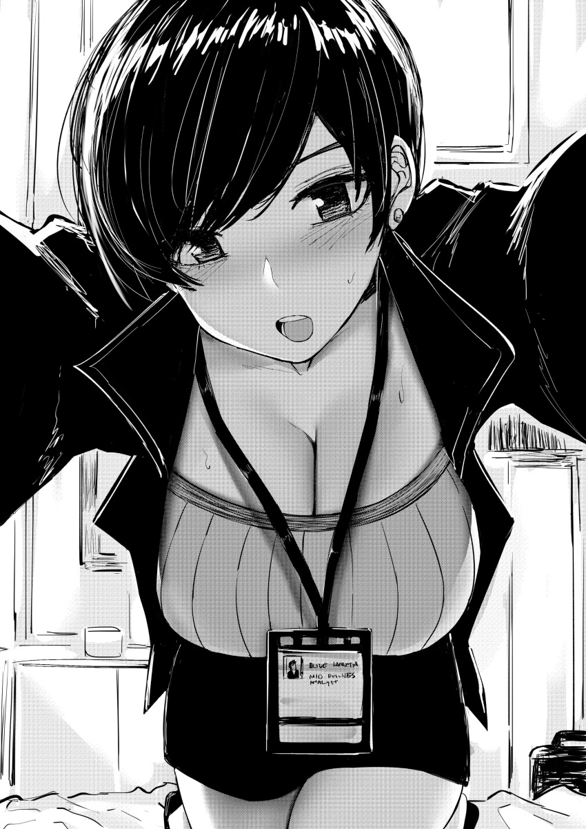 1girl absurdres black_jacket blush breasts cleavage commentary earrings greyscale highres id_card jacket jewelry lanyard large_breasts looking_at_viewer monochrome norman_maggot olive_laurentia original pencil_skirt pixie_cut reaching_out short_hair skirt solo sweat