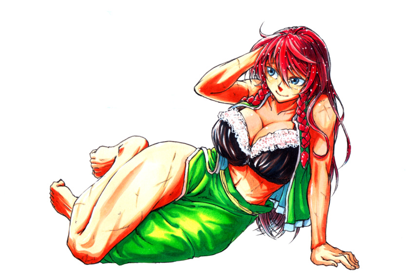 1girl aqua_eyes black_bra bra braid breasts chinese_clothes cleavage commentary commentary_request feet frilled_bra frills hair_between_eyes hand_in_hair highres hong_meiling koyubi_(littlefinger1988) large_breasts long_hair looking_to_the_side lying muscle muscular_female on_side open_clothes redhead scar simple_background skirt smile solo tangzhuang thighs touhou twin_braids underwear white_background white_frills